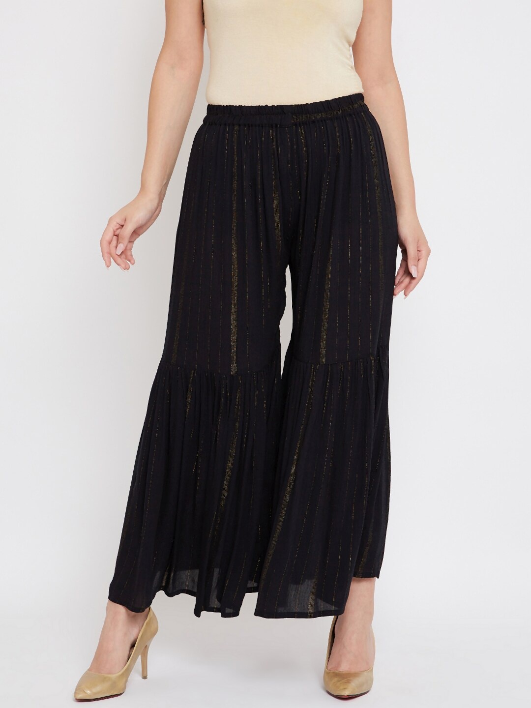 

TULIP 21 Women Black & Gold-Toned Striped Flared Ethnic Palazzos