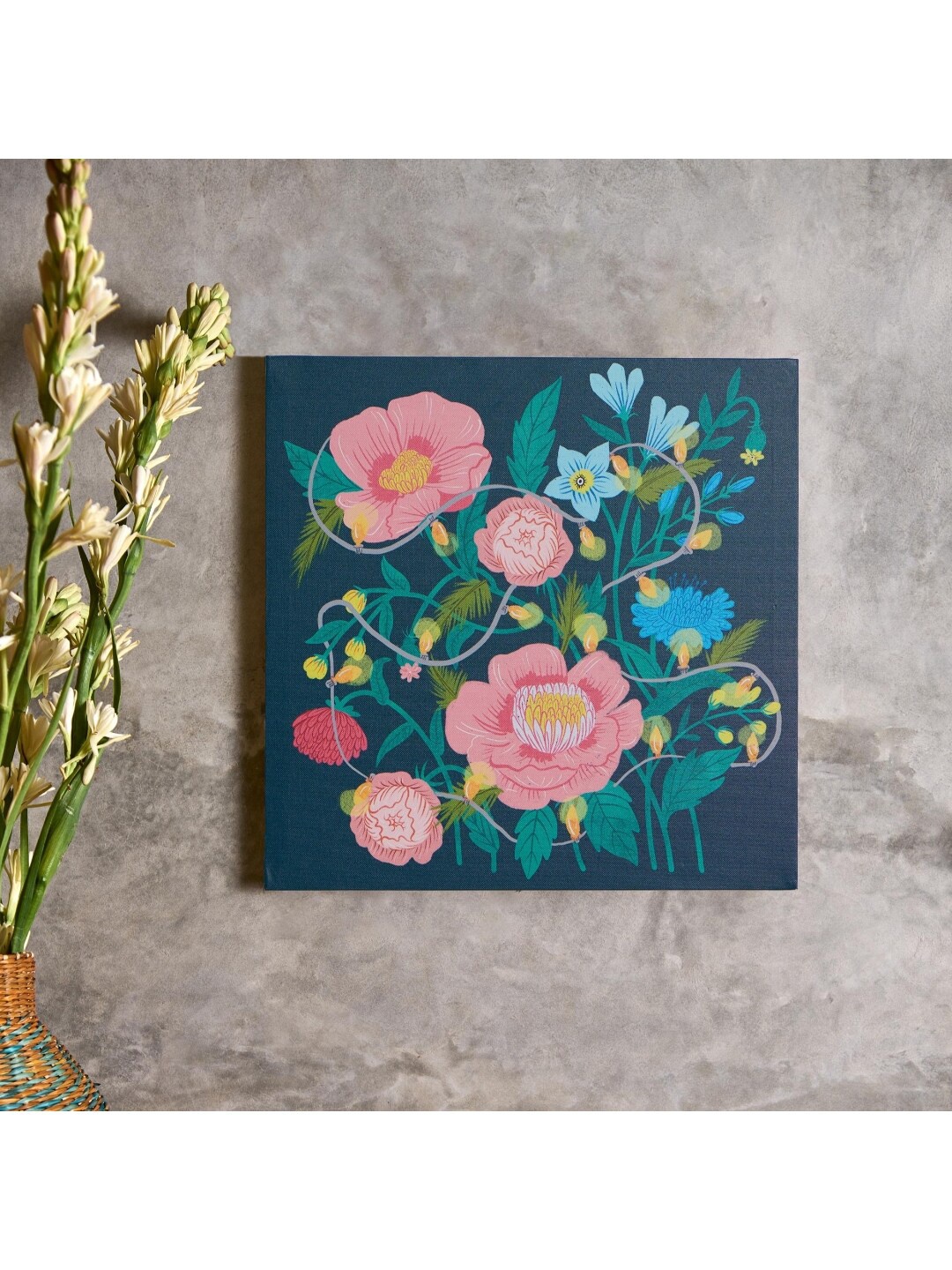 

Chumbak Teal Blue & Pink Wooden Gypsy Floral Wall Art With Lights
