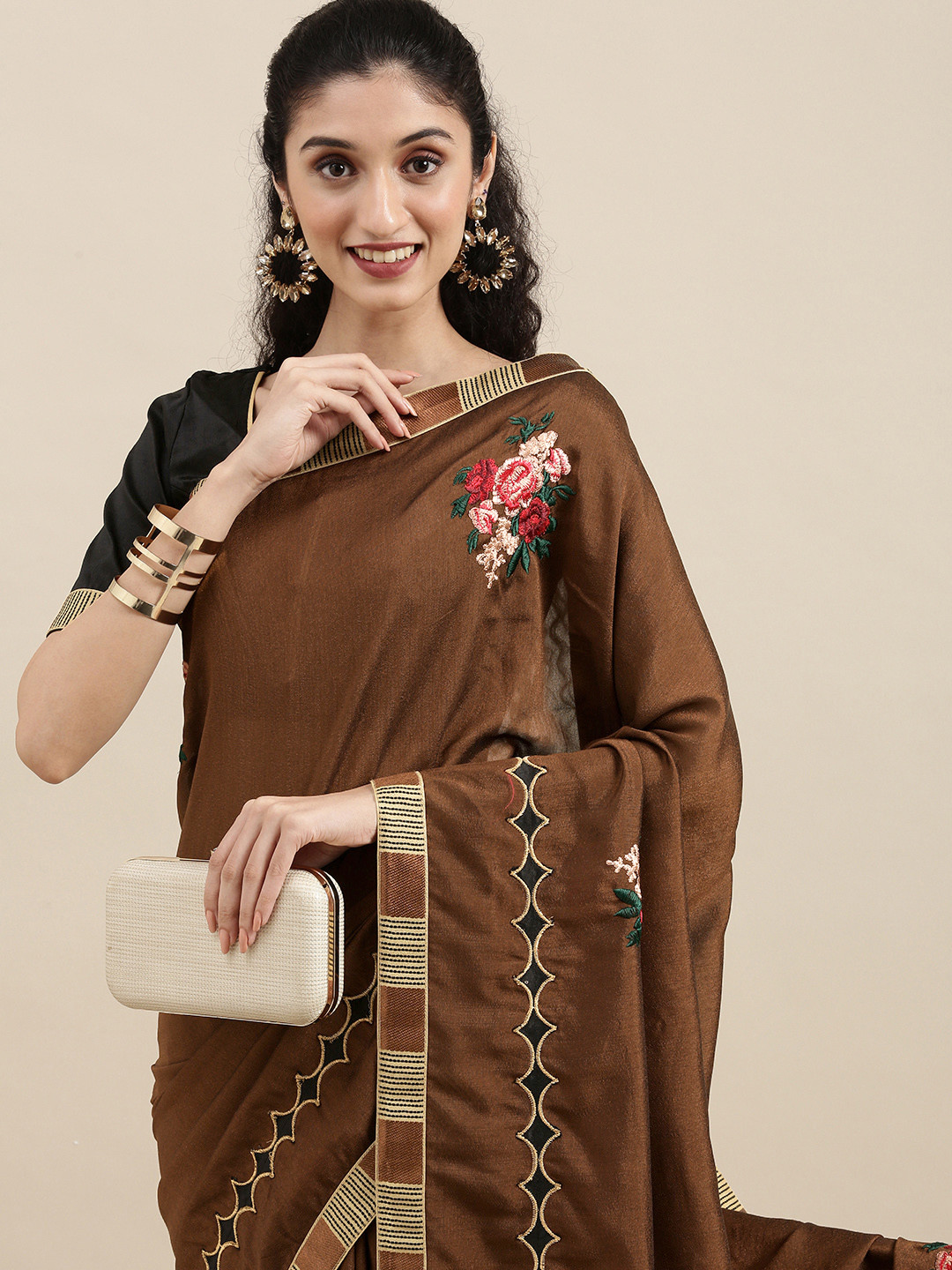 

Mitera Brown Floral Embroidered Silk Blend Saree
