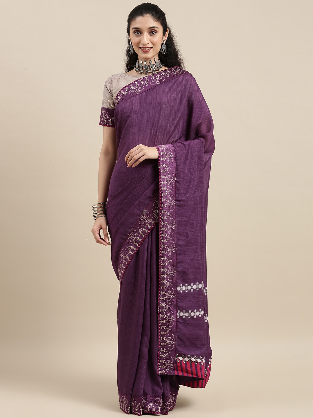 

Mitera Purple Ethnic Motifs Embroidered Silk Blend Saree