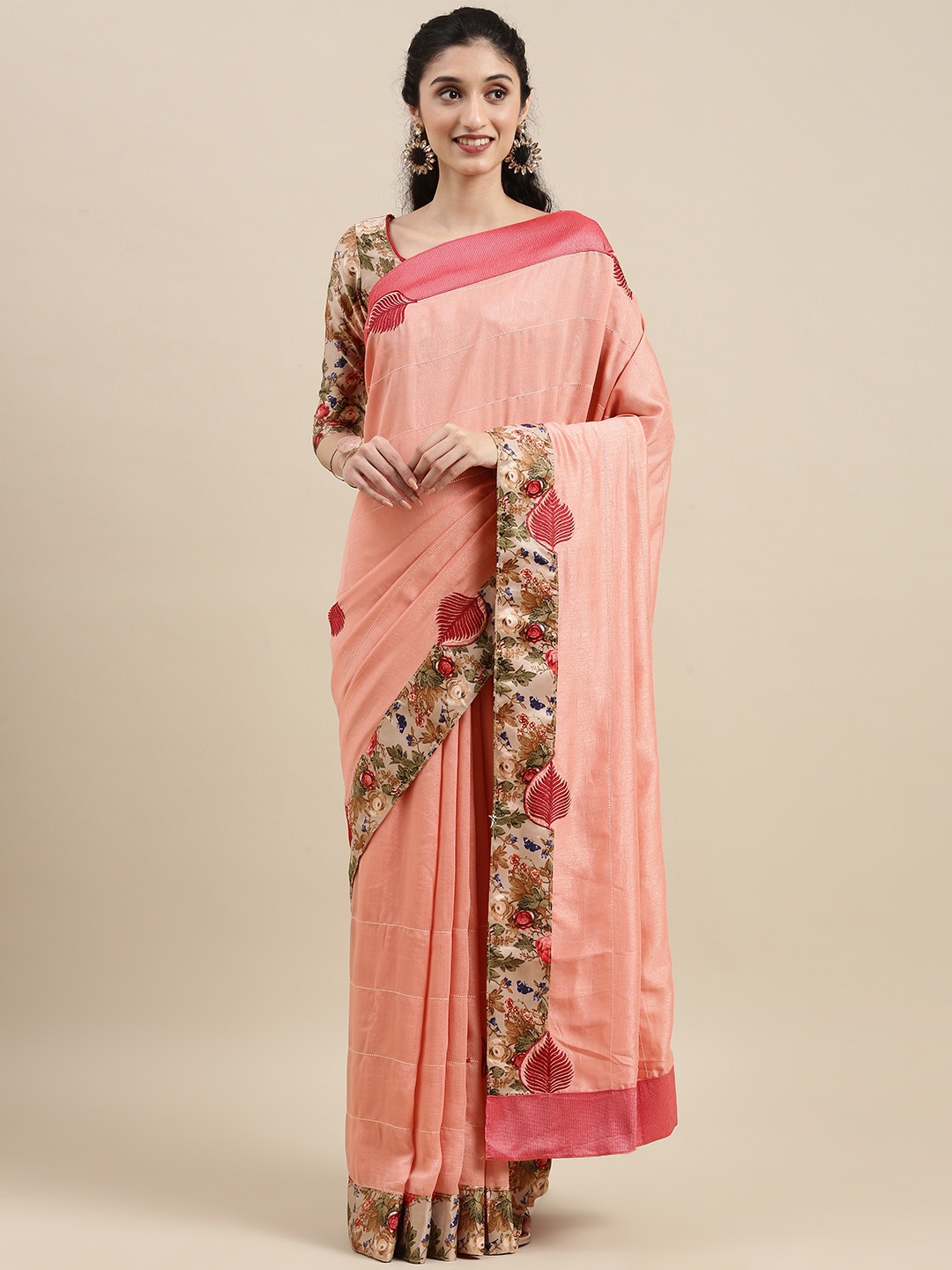 

Mitera Beige Floral Embroidered Saree