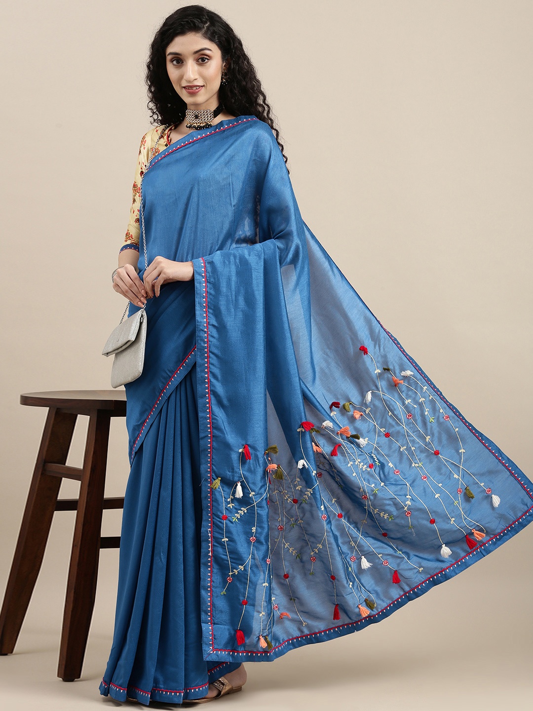 

Mitera Blue Embroidered Silk Blend Saree