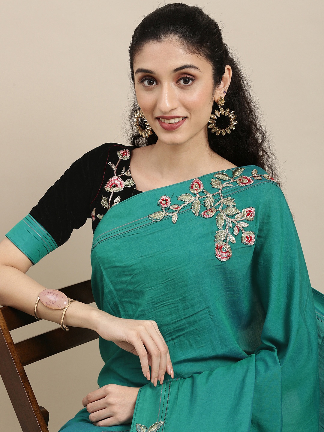 

Mitera Sea Green Floral Embroidered Silk Blend Saree