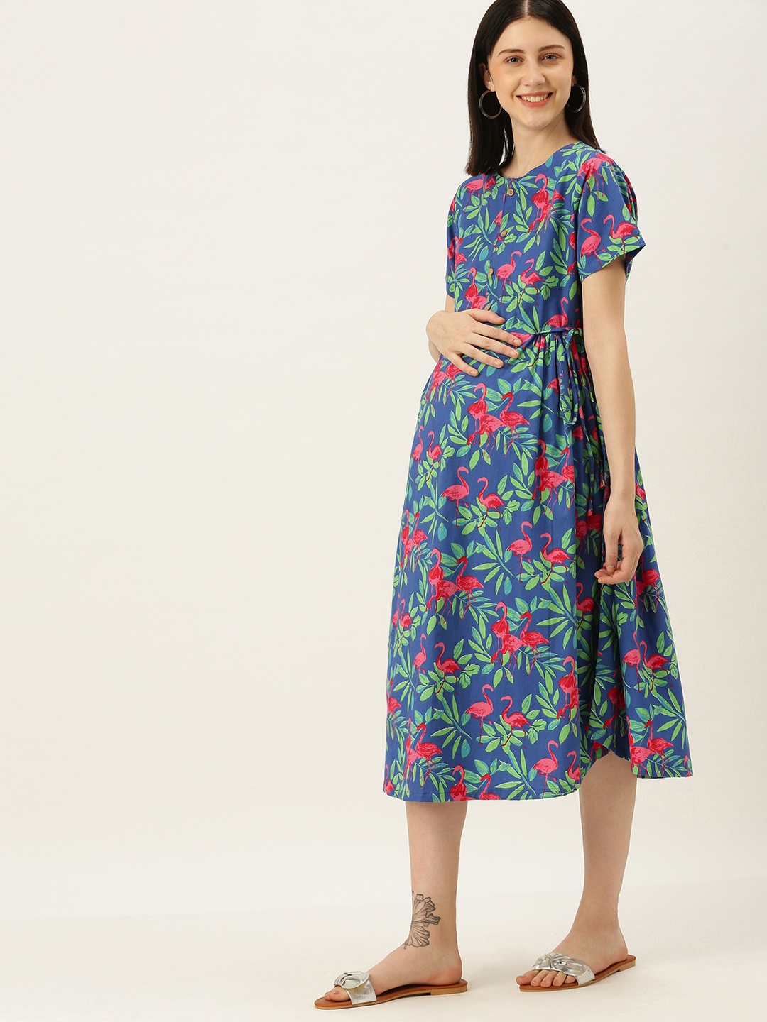 

Nejo Blue Floral Maternity Cotton A-Line Midi Dress
