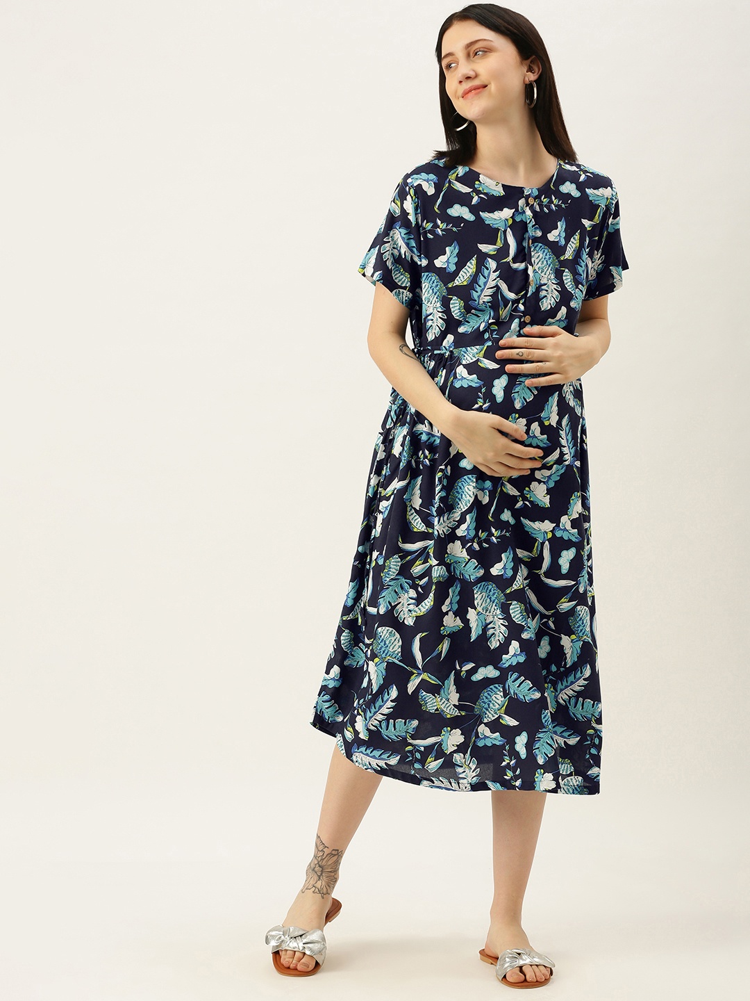 

Nejo Navy Blue Floral Maternity A-Line Midi Dress