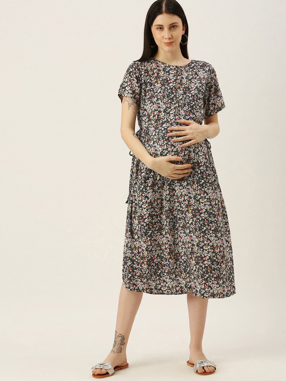 

Nejo Black Floral Maternity Cotton A-Line Midi Dress