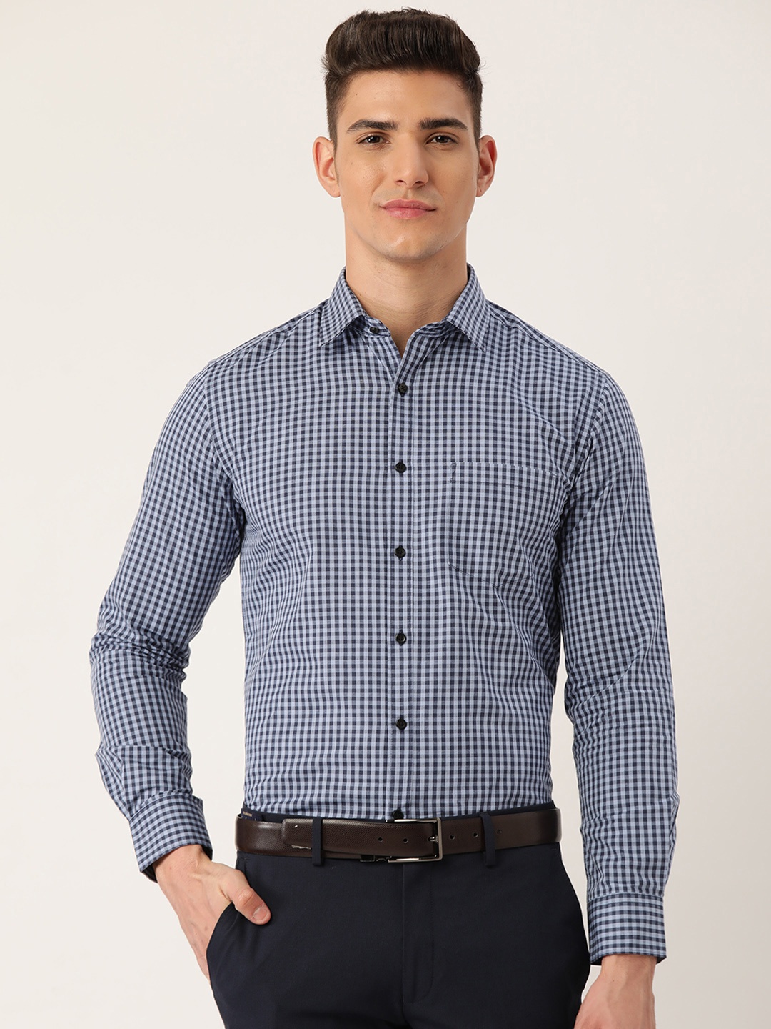 

IVOC Men Blue & White Cotton Gingham Checks Checked Formal Shirt