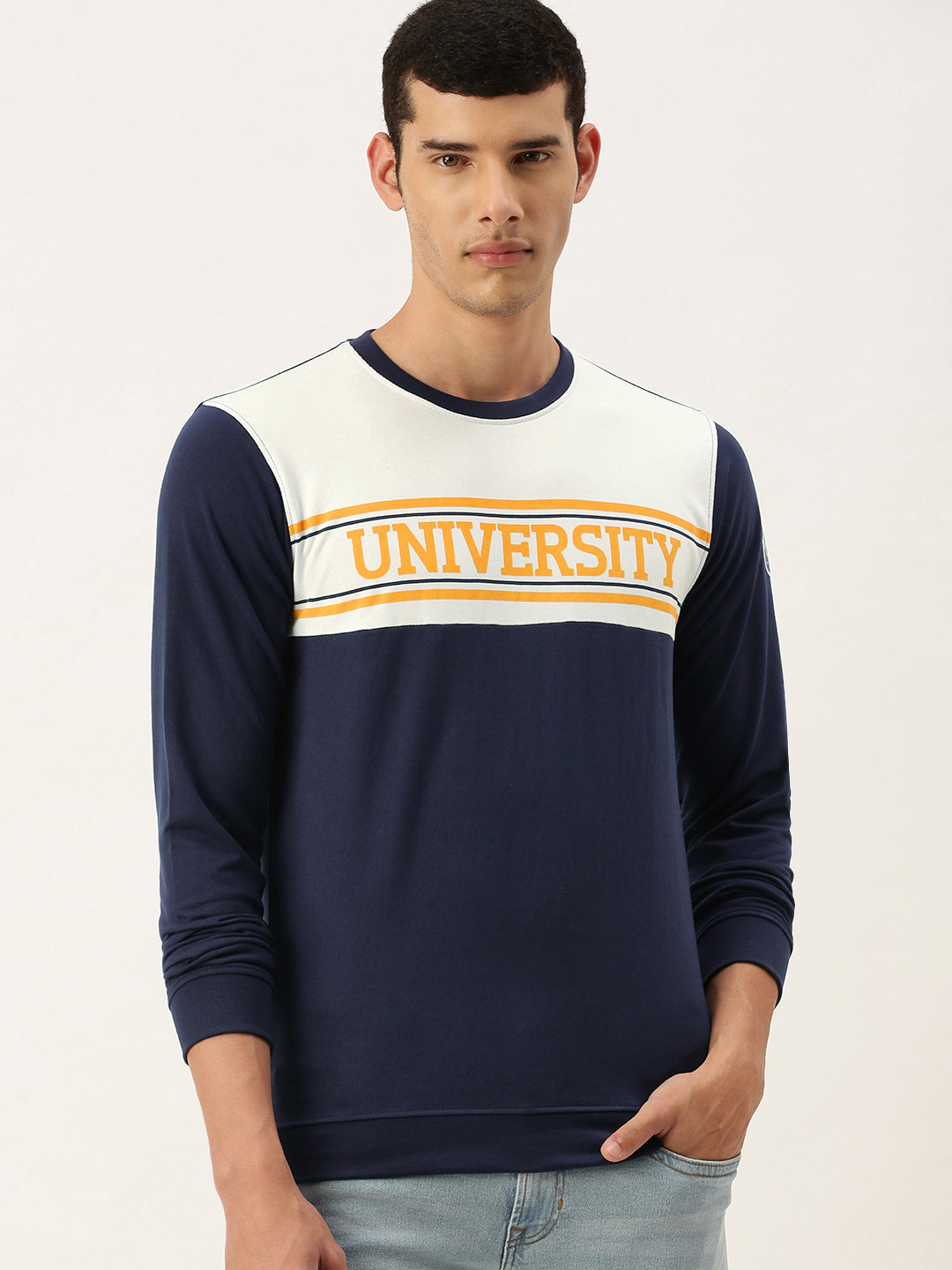 

PETER ENGLAND UNIVERSITY Men Navy Blue Colourblocked Pullover Sweatshirt
