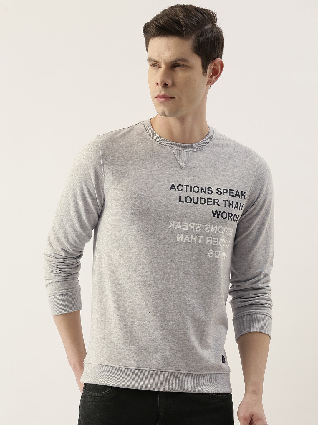 

PETER ENGLAND UNIVERSITY Men Grey Melange Printed Sweatshirt