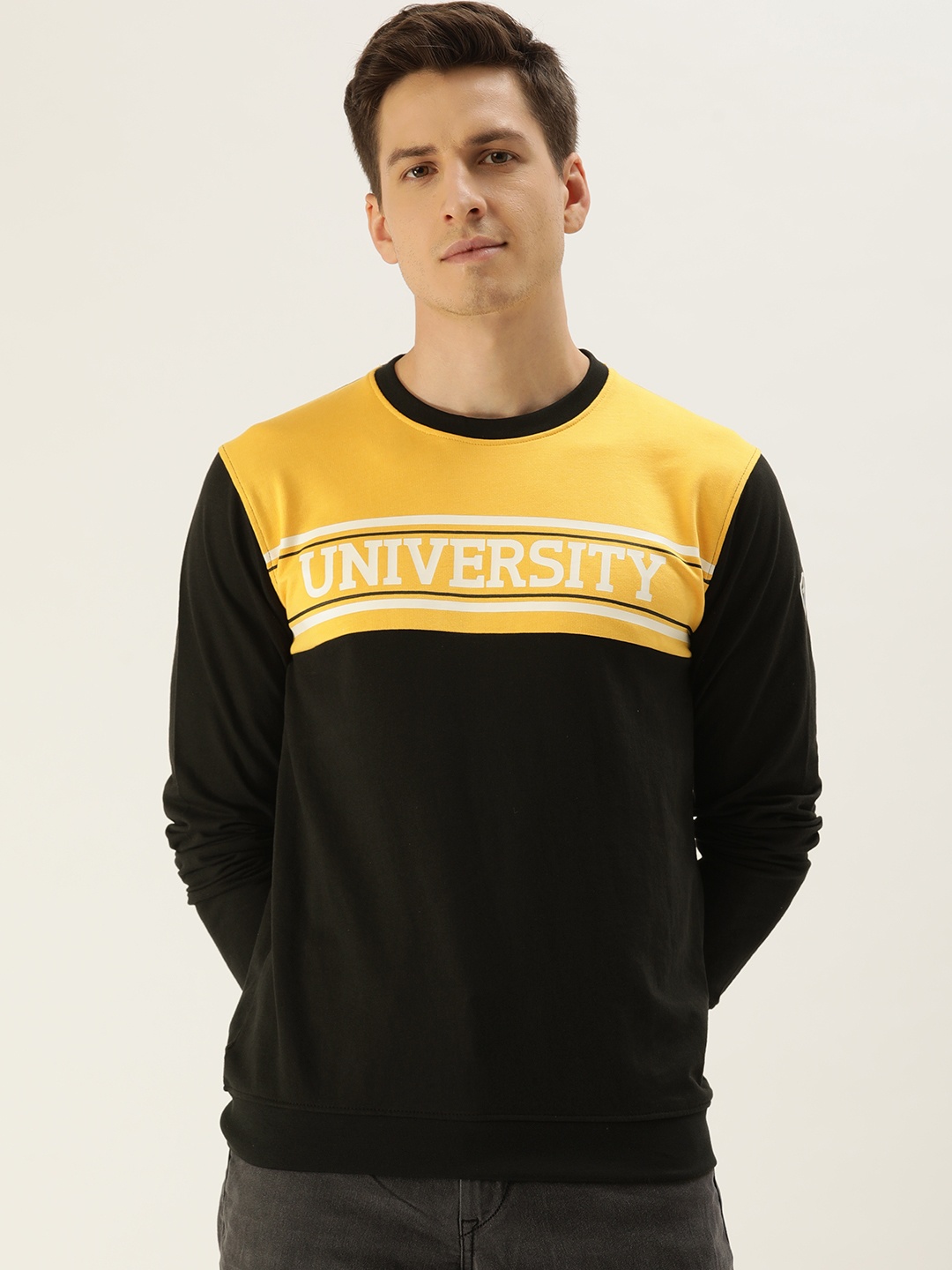 

PETER ENGLAND UNIVERSITY Men Black & Yellow Colourblocked Sweatshirt