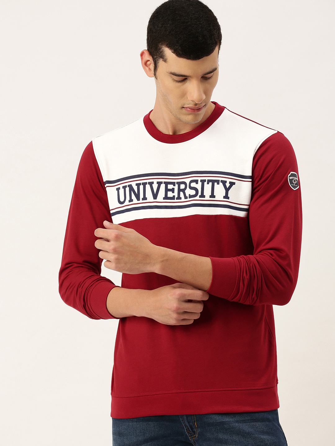 

PETER ENGLAND UNIVERSITY Men Red Colourblocked Pullover Sweatshirt