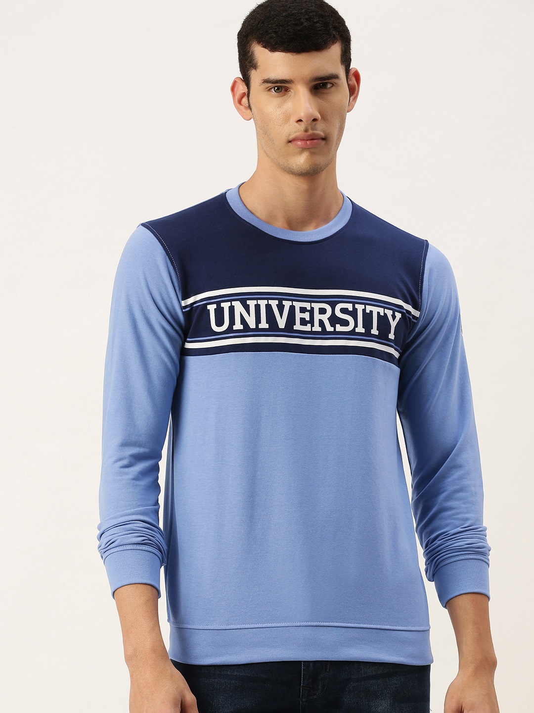 

PETER ENGLAND UNIVERSITY Men Blue Printed Sweatshirt