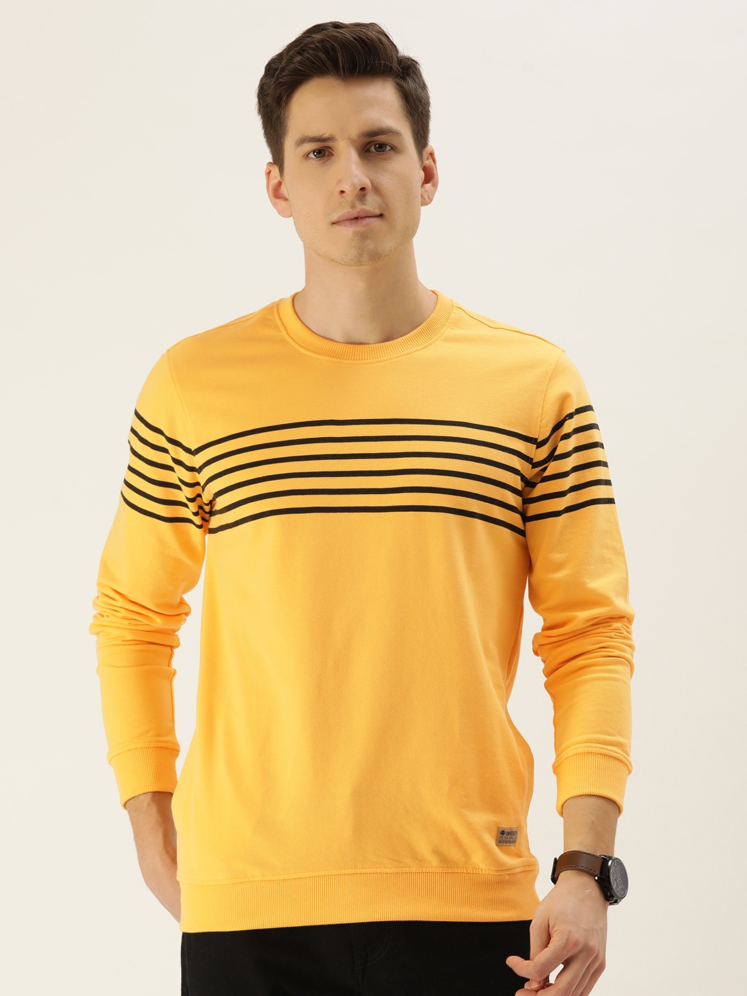 

PETER ENGLAND UNIVERSITY Men Mustard Yellow & Black Striped Sweatshirt