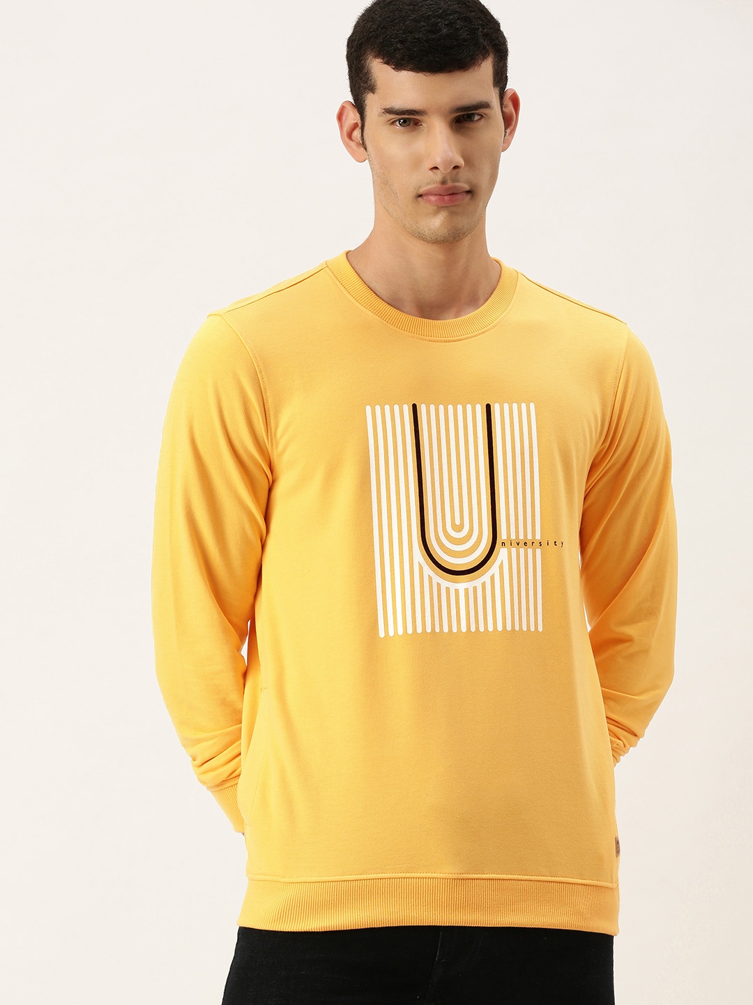 

PETER ENGLAND UNIVERSITY Men Yellow Printed Sweatshirt