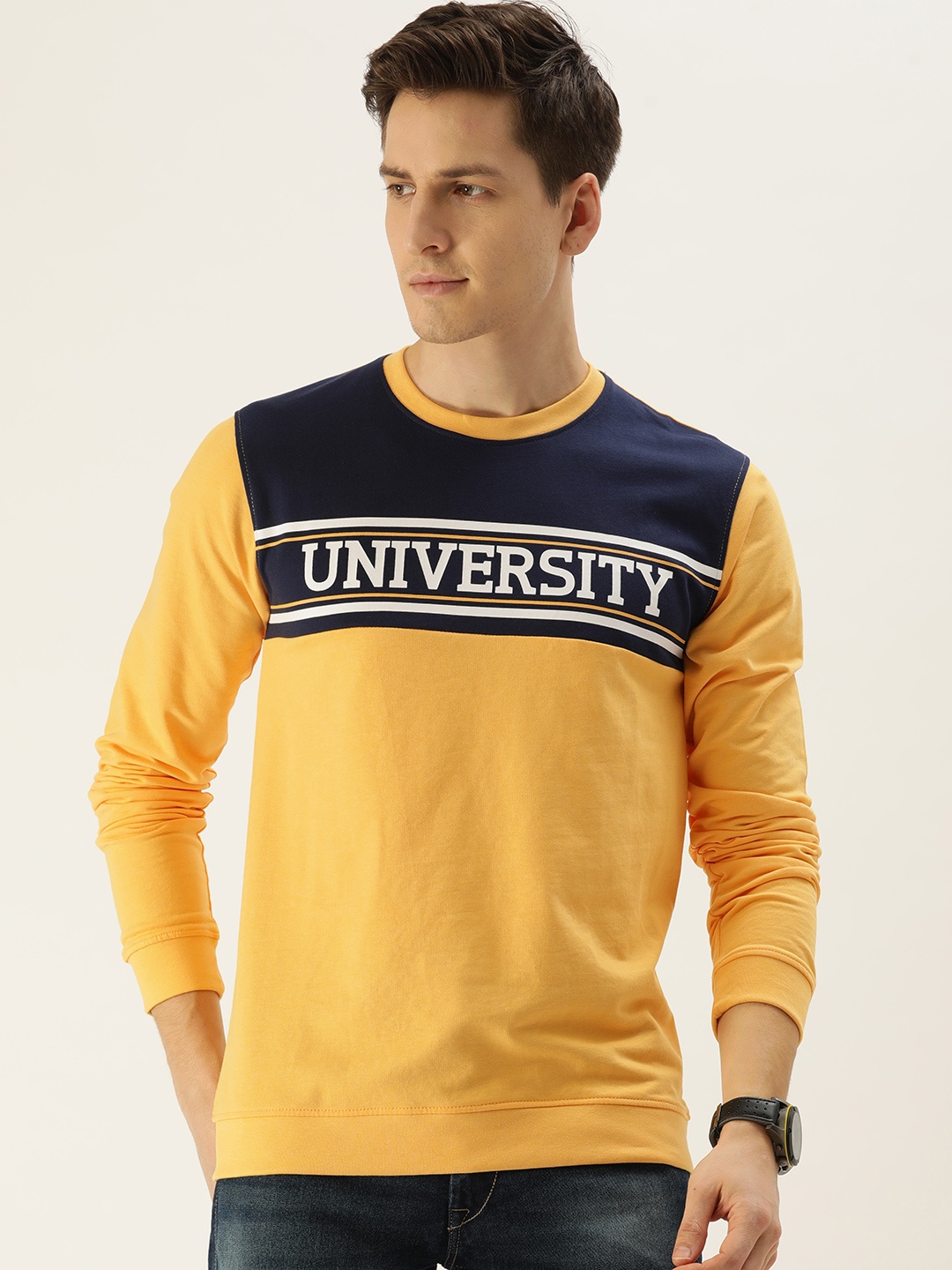 

PETER ENGLAND UNIVERSITY Men Yellow & Navy Blue Colourblocked Sweatshirt