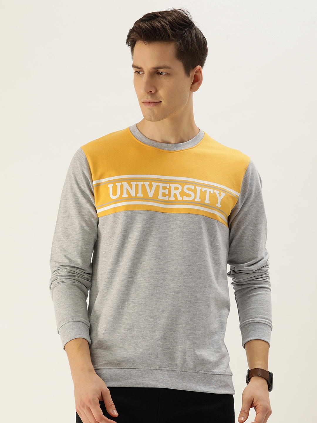 

PETER ENGLAND UNIVERSITY Men Grey & Yellow Colourblocked Sweatshirt