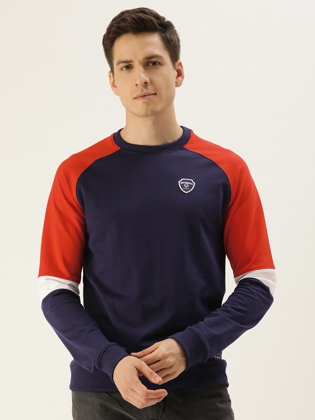 

PETER ENGLAND UNIVERSITY Men Navy Blue Solid Sweatshirt with Contrast Sleeves