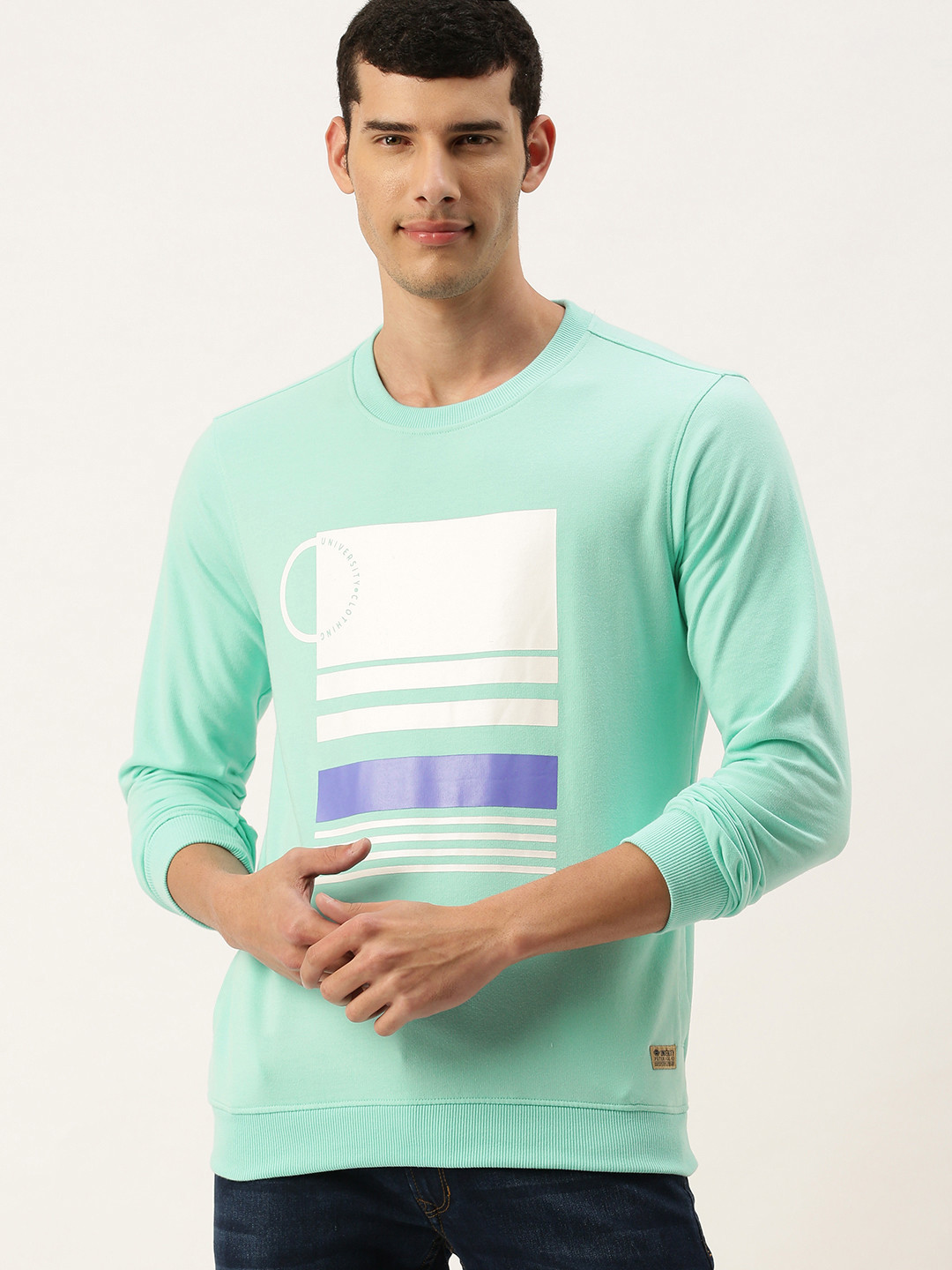 

PETER ENGLAND UNIVERSITY Men Sea Green Printed Sweatshirt