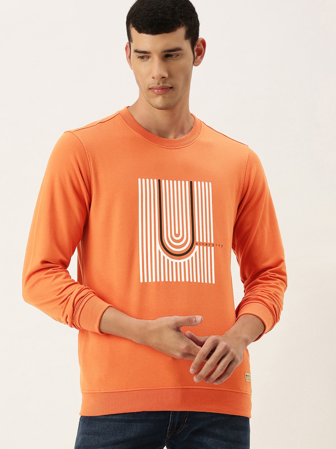 

PETER ENGLAND UNIVERSITY Men Orange Graphic Printed Pullover Sweatshirt