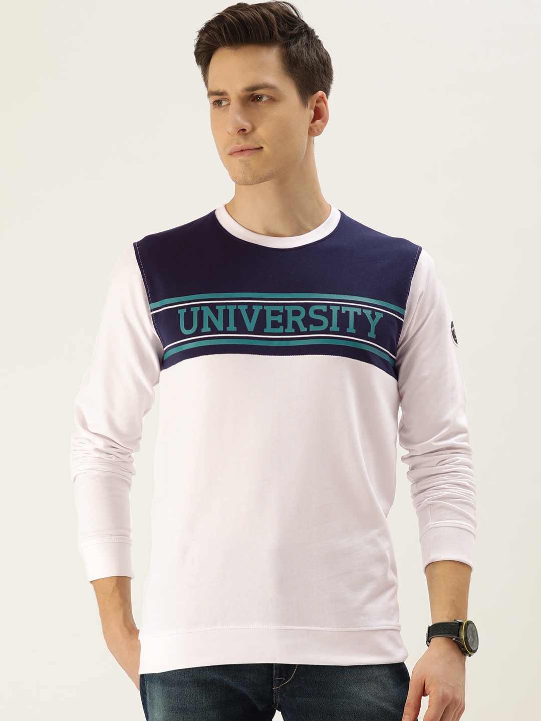 

PETER ENGLAND UNIVERSITY Men White & Navy Blue Colourblocked Sweatshirt