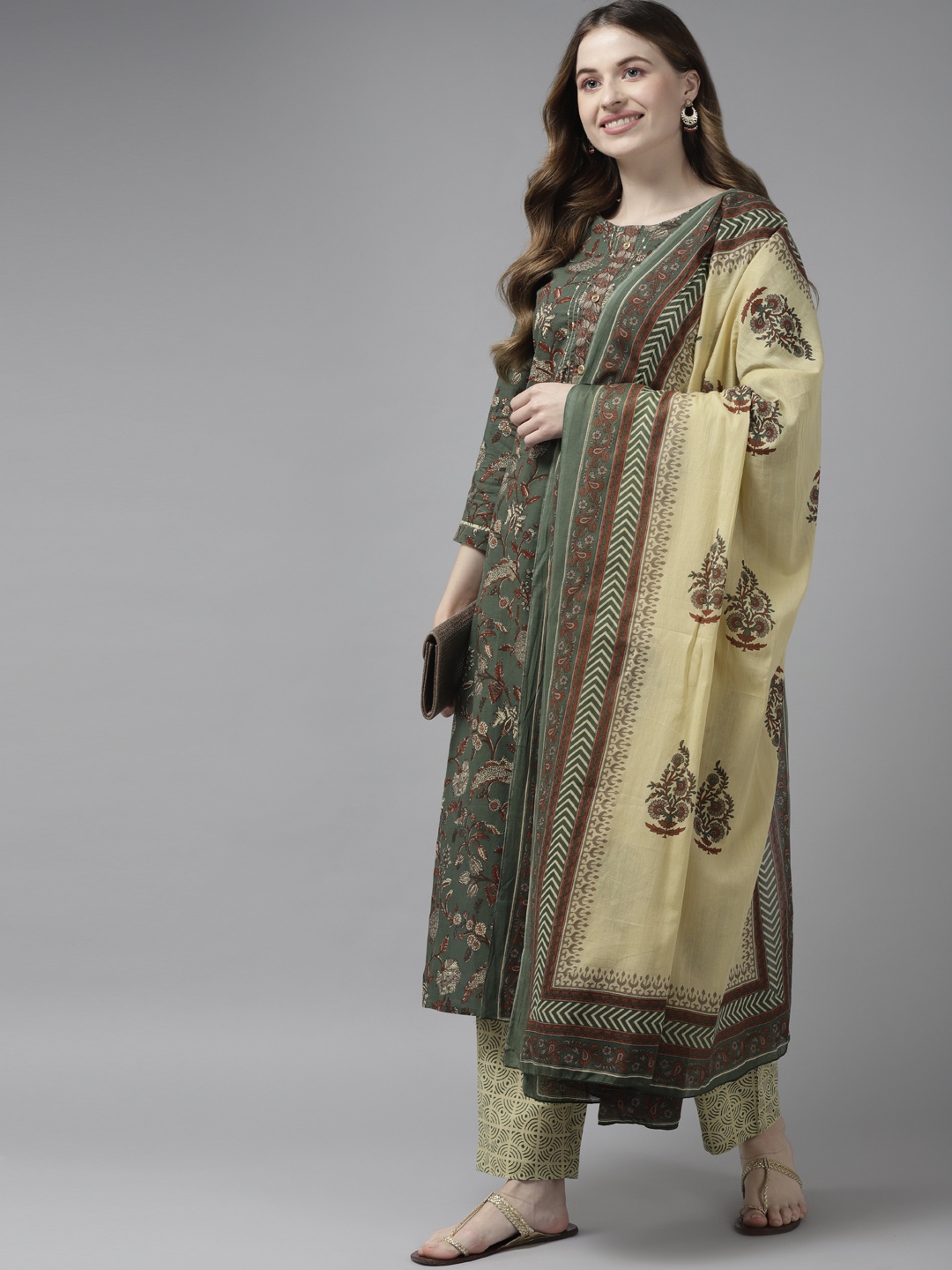 

Yufta Women Green & Beige Floral Printed Pure Cotton Kurta with Palazzos & With Dupatta