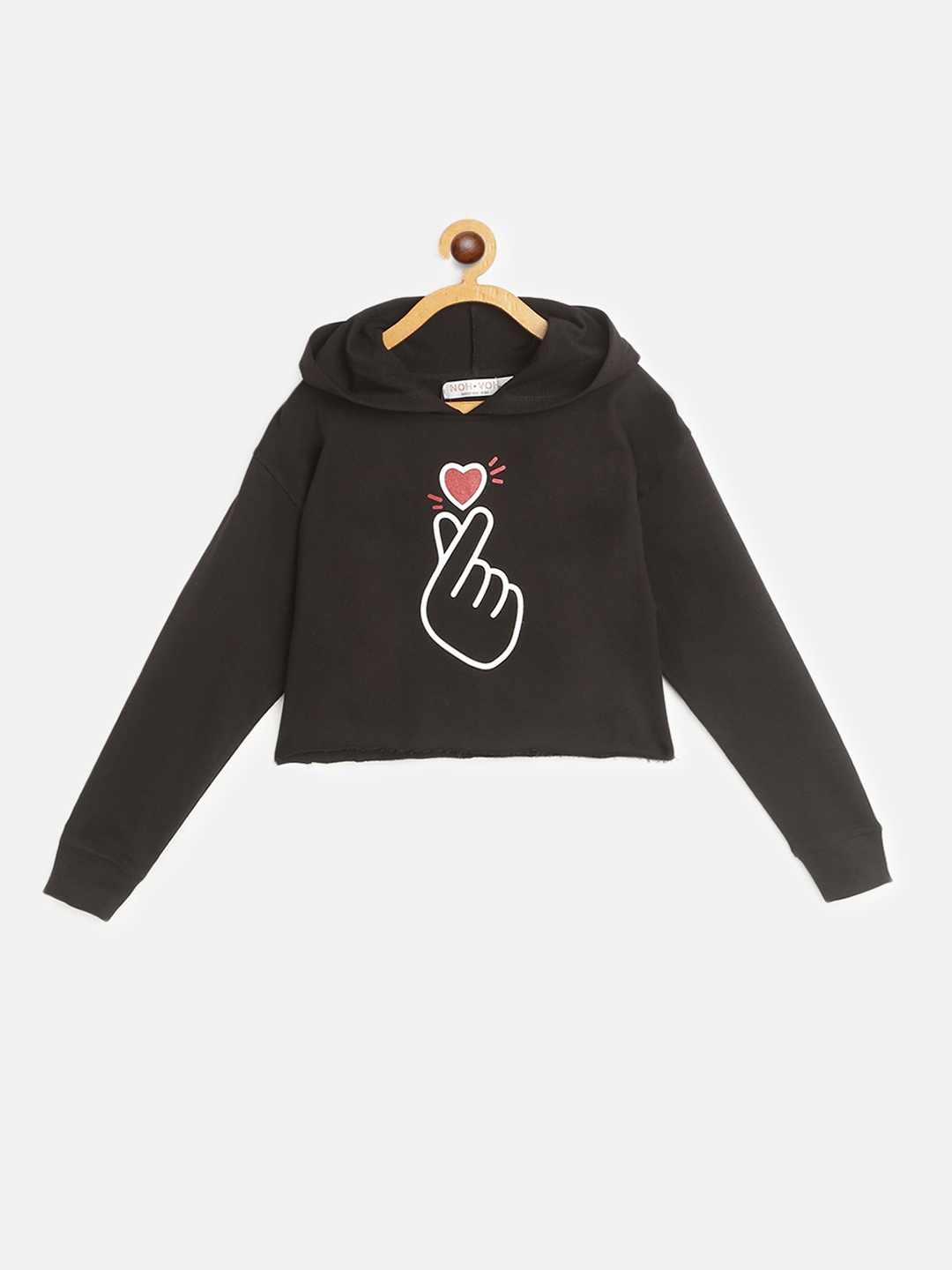 

Noh Voh - SASSAFRAS Kids Girls Black Printed Hooded Crop Sweatshirt