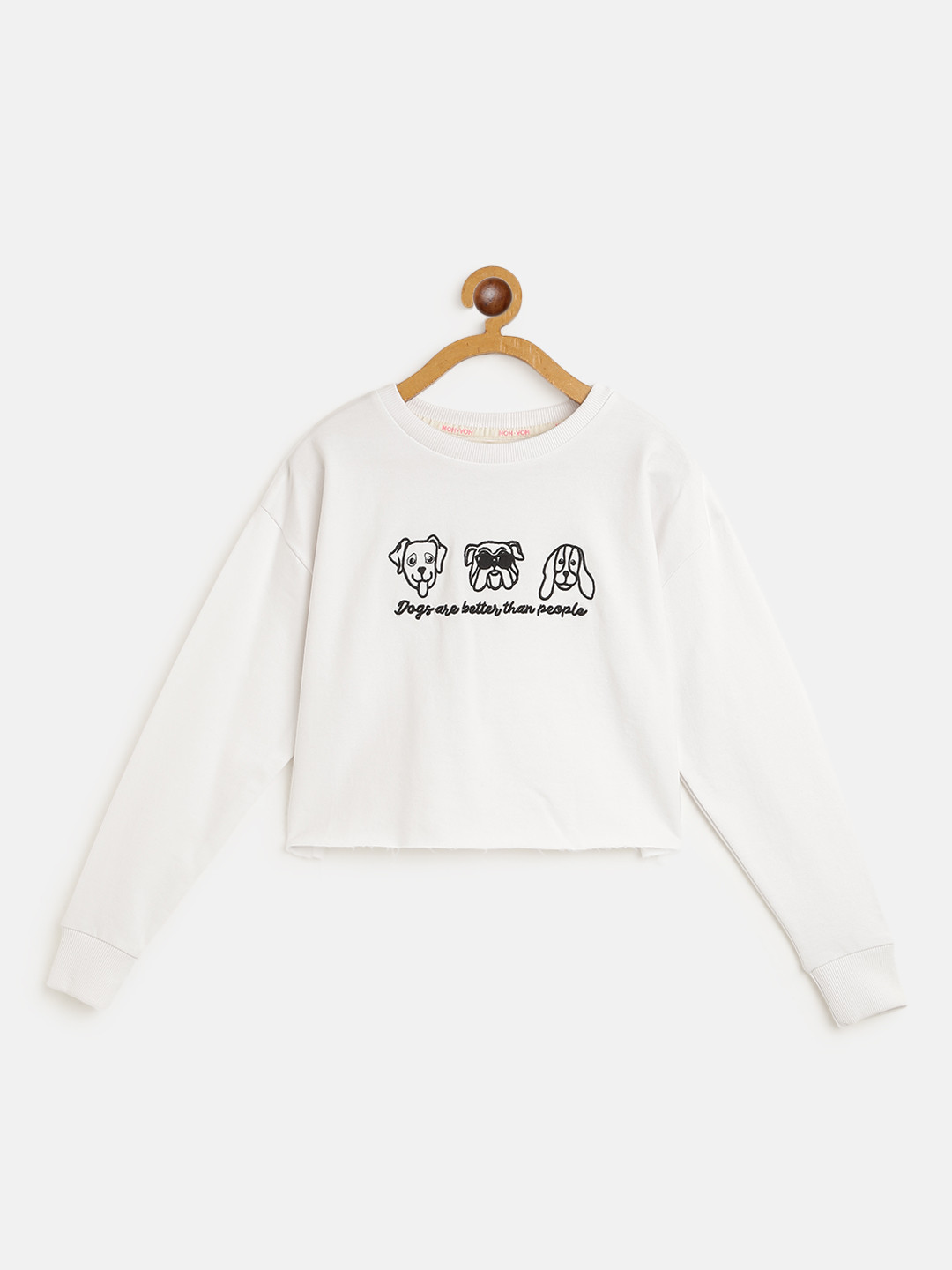 

Noh Voh - SASSAFRAS Kids Girls White & Black Dog Embroidered Crop Sweatshirt