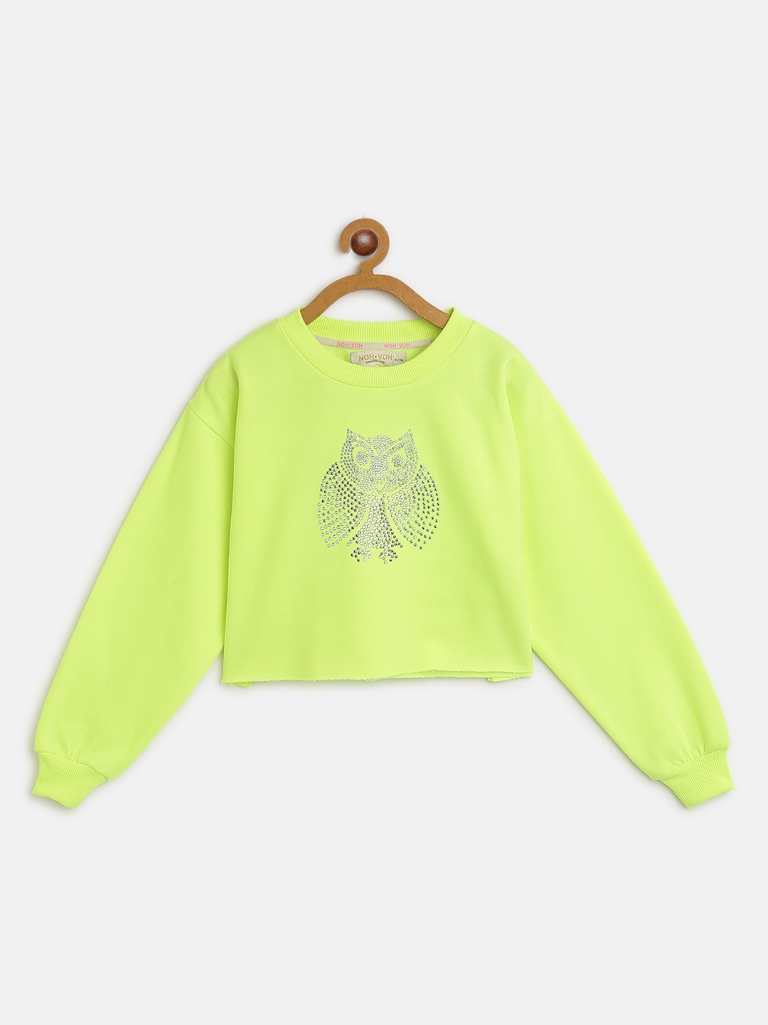 

Noh Voh - SASSAFRAS Kids Girls Fluorescent Green & Silver Owl Studded Sweatshirt