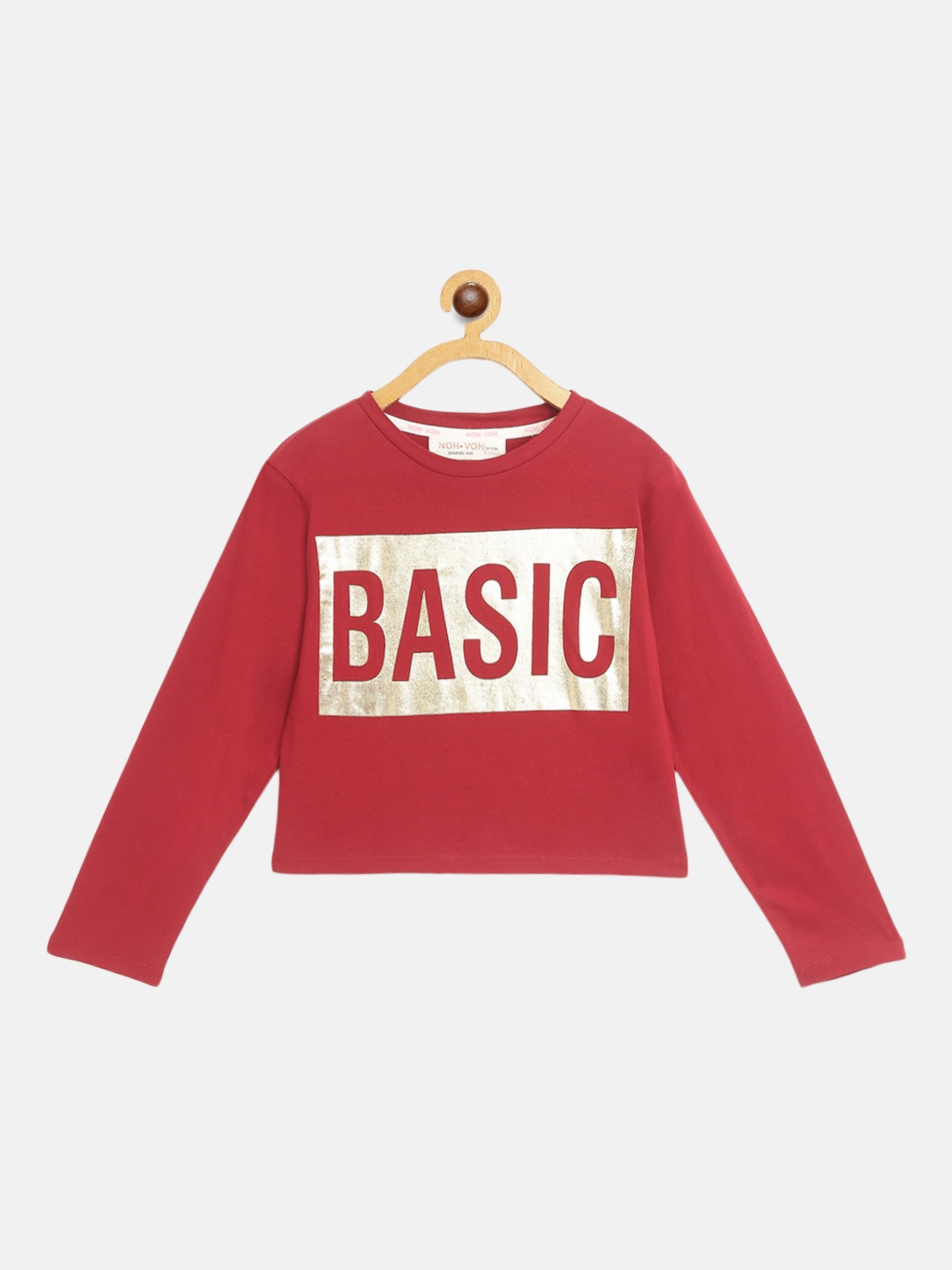 

Noh Voh - SASSAFRAS Kids Girls Red & Golden Typography Print Pure Cotton Crop T-shirt
