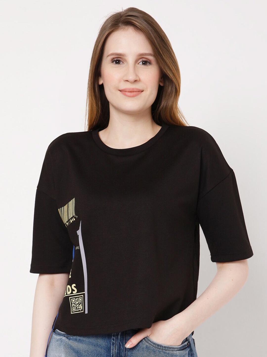 

Vero Moda Women Black & Yellow Typography Printed T-shirt
