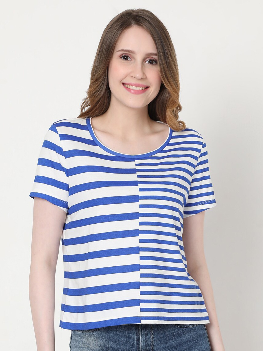 

Vero Moda Women Blue & White Striped Cotton T-shirt