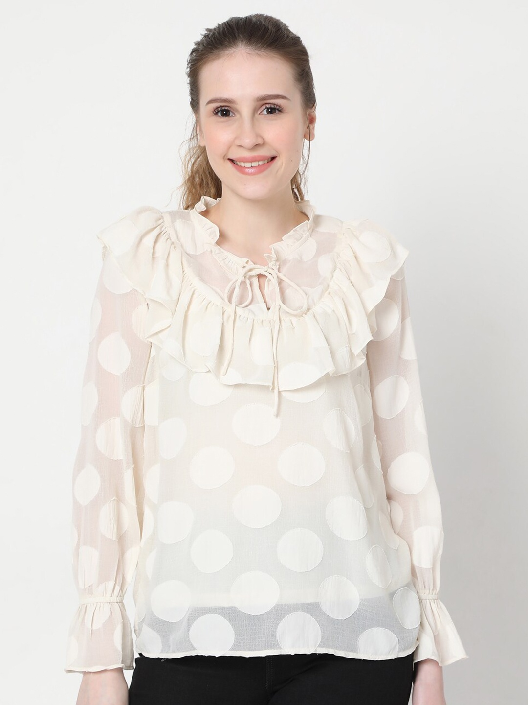 

Vero Moda Beige Geometric Tie-Up Neck Regular Top