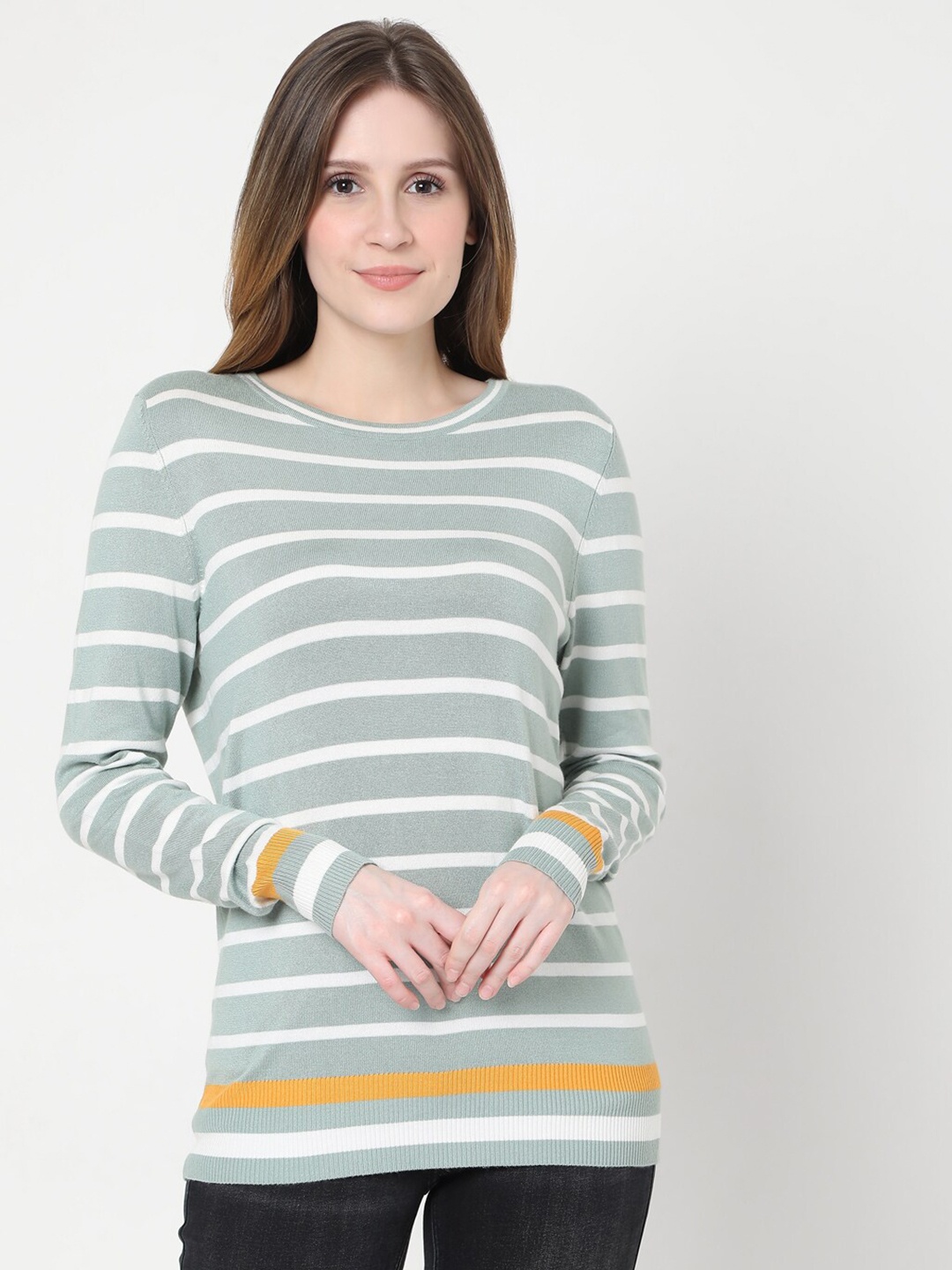 

Vero Moda Women Green & White Striped Pullover