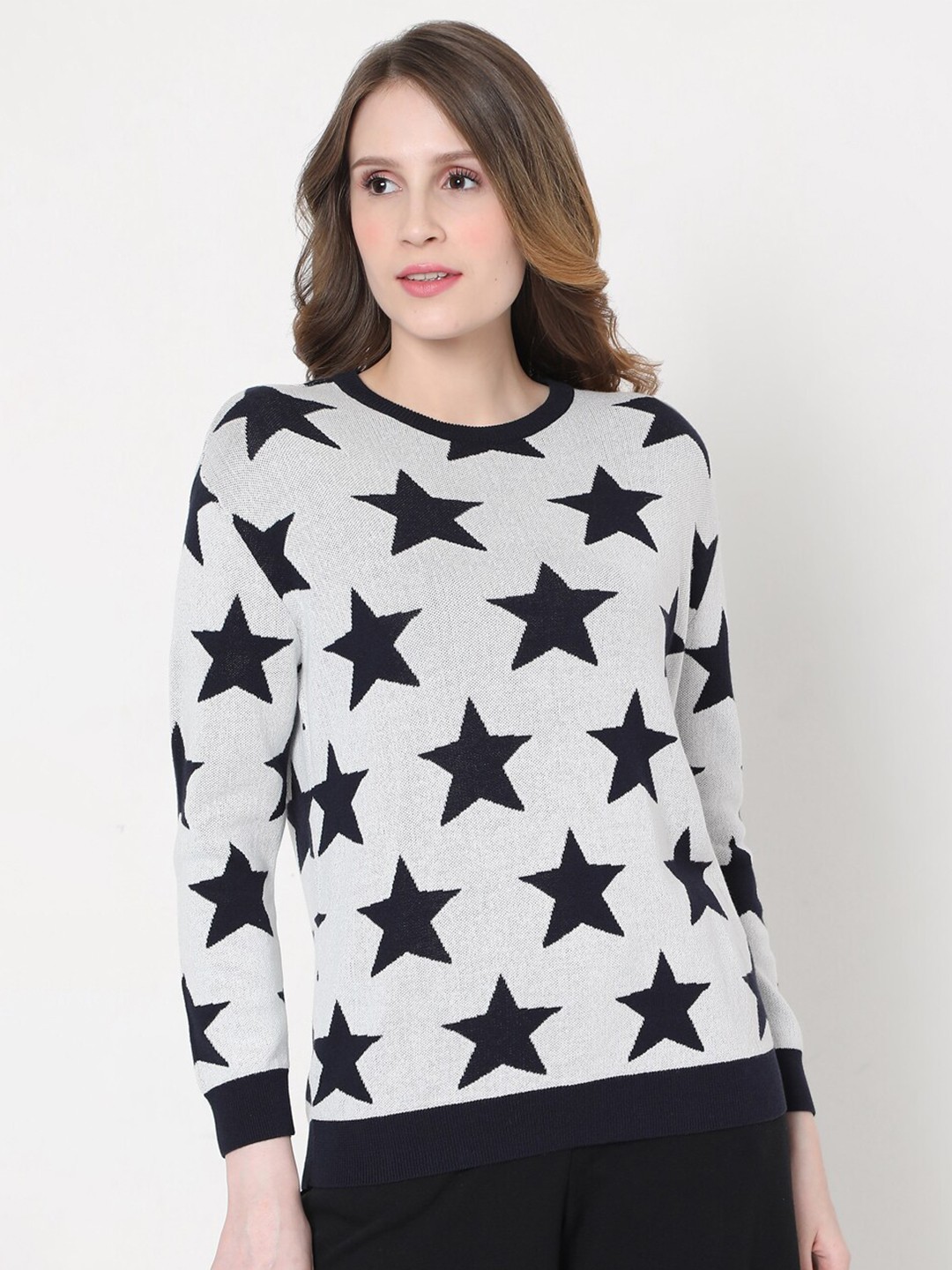 

Vero Moda Women Navy Blue & Grey Printed Pullover