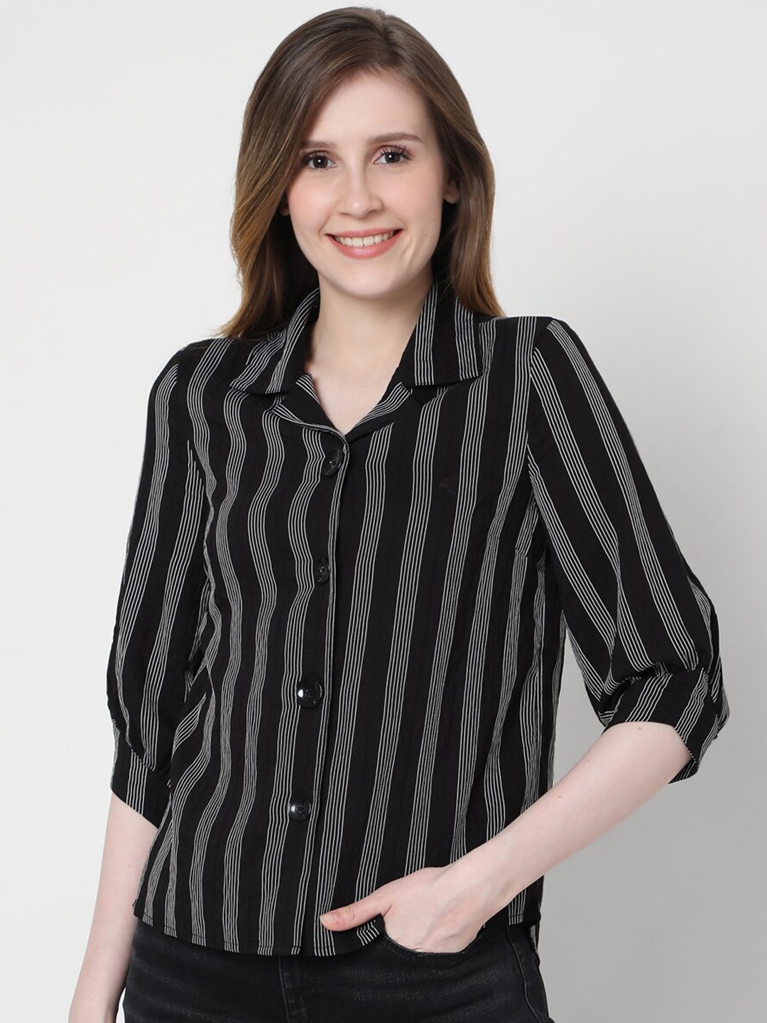 

Vero Moda Women Black Regular Fit Striped Casual Shirt