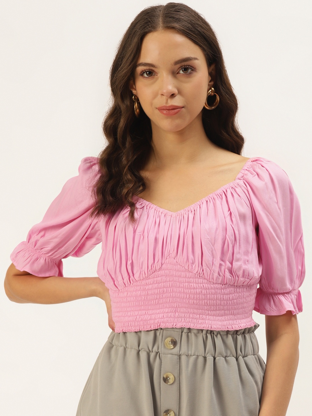 

Zastraa Women Pink Sweetheart Neck Fitted Crop Top