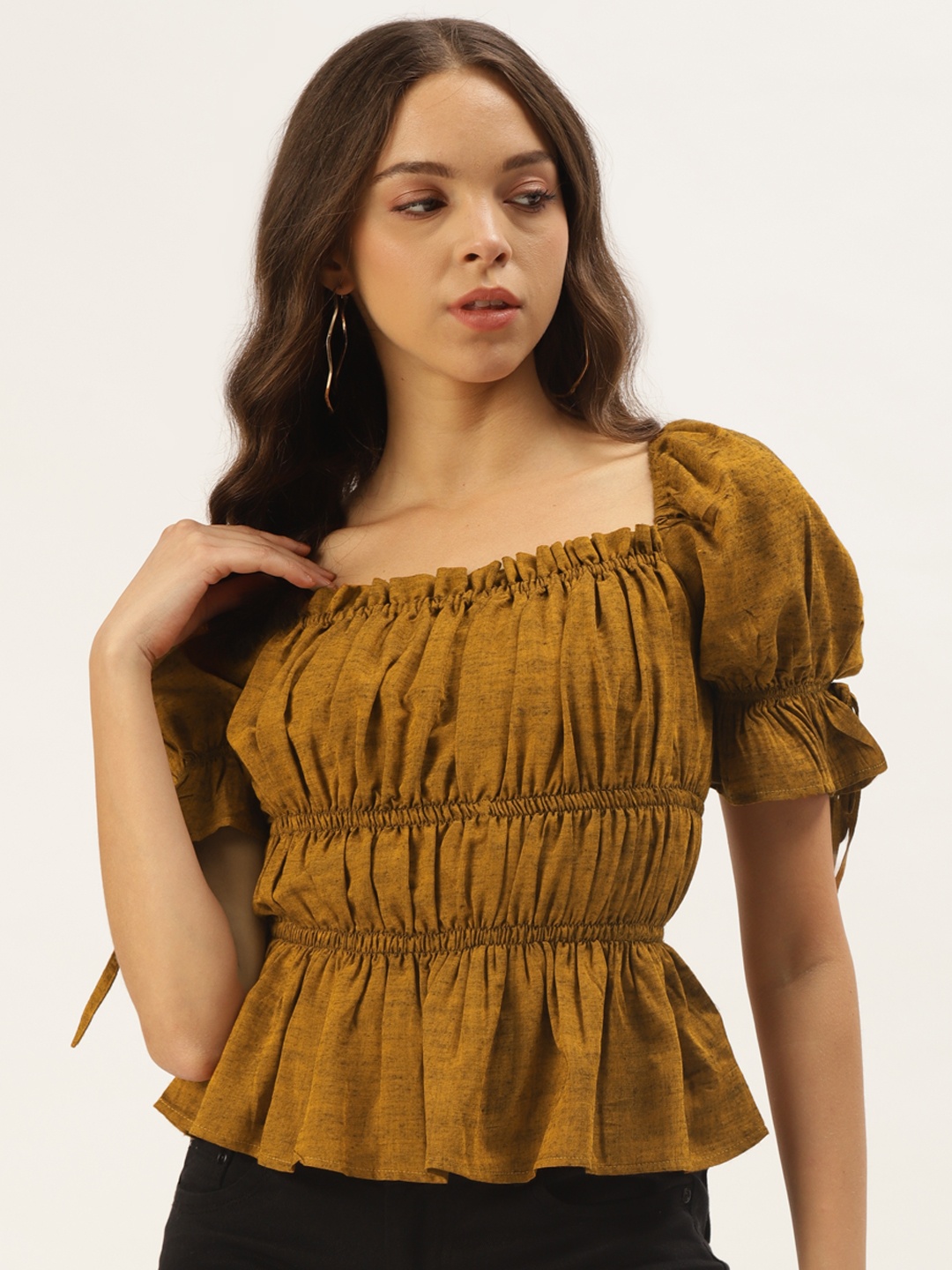 

Zastraa Mustard Yellow Solid Cinched Waist Top