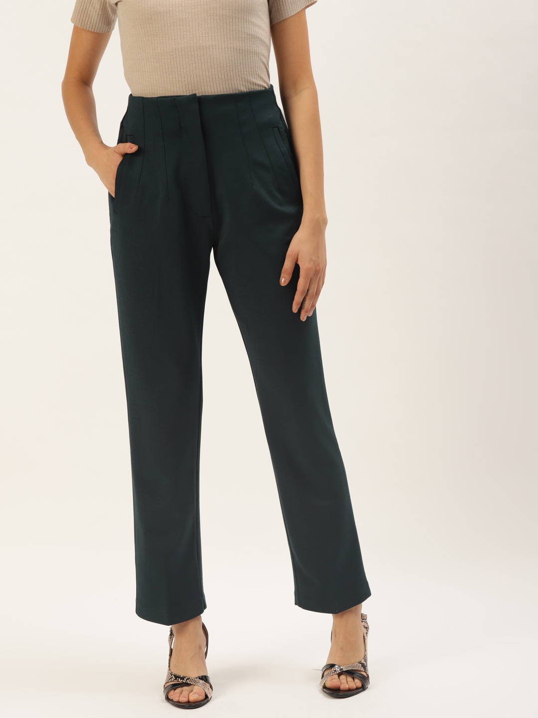 

Zastraa Women Green Solid Slim Fit High-Rise Formal Trousers