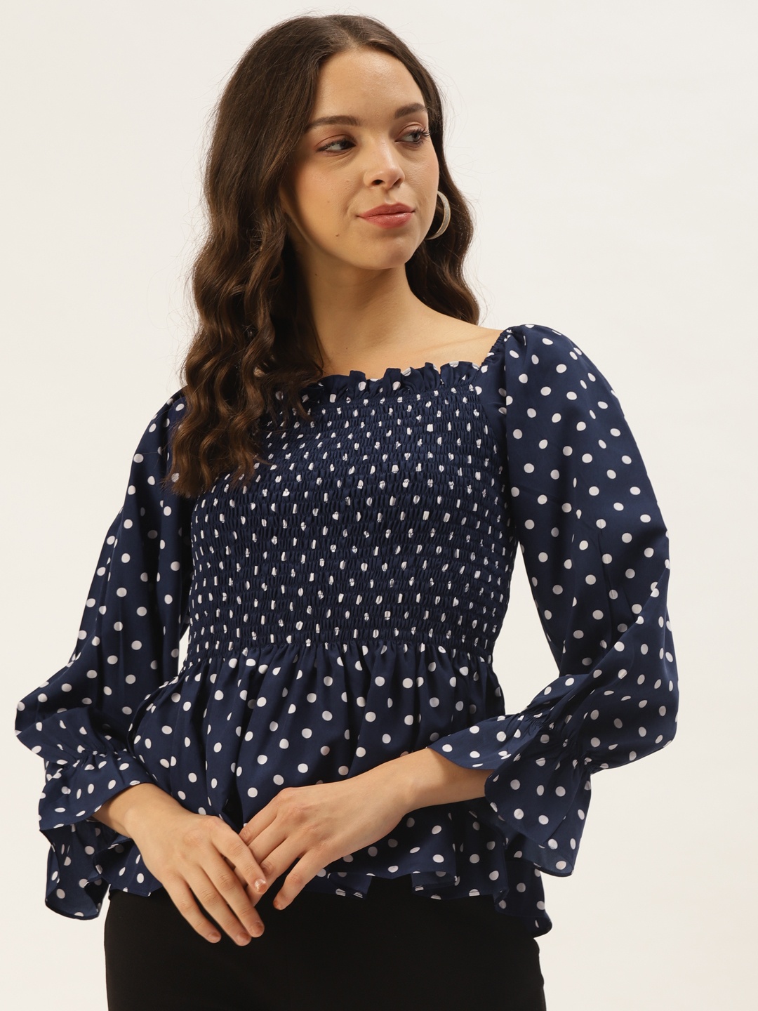 

Zastraa Women Navy Blue & White Polka Dot Printed Peplum Top