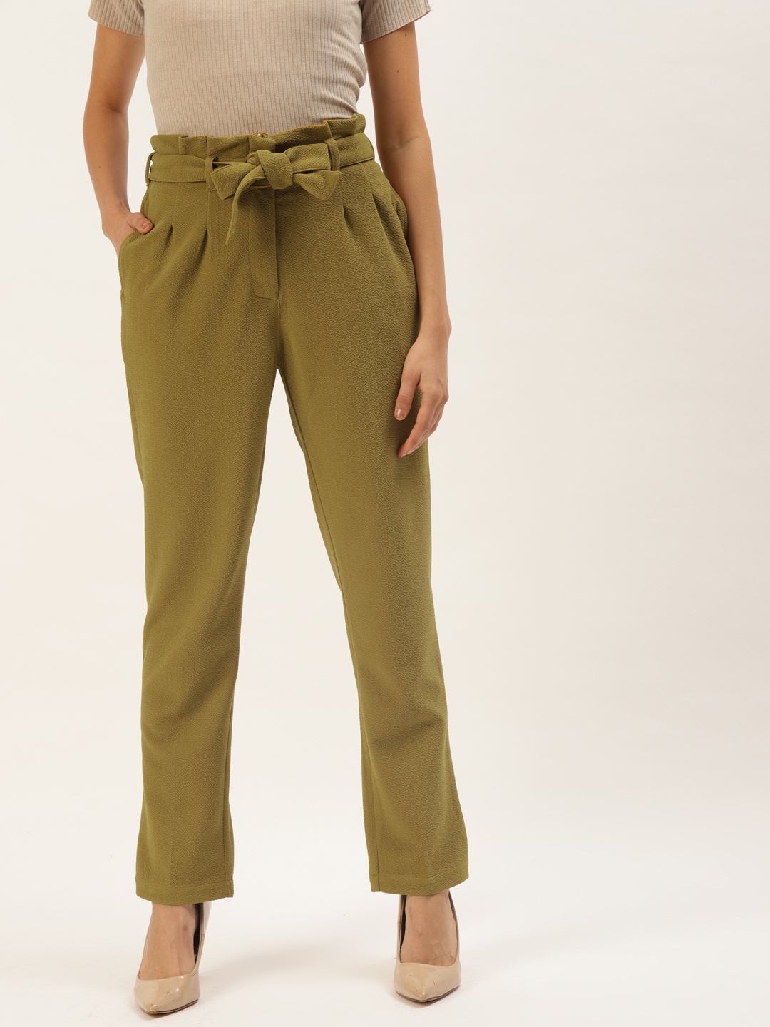 

Zastraa Women Mustard Yellow Solid Slim Fit Peg Trousers