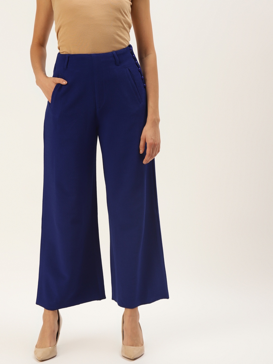 

Zastraa Women Blue Solid Flared Culottes Trousers