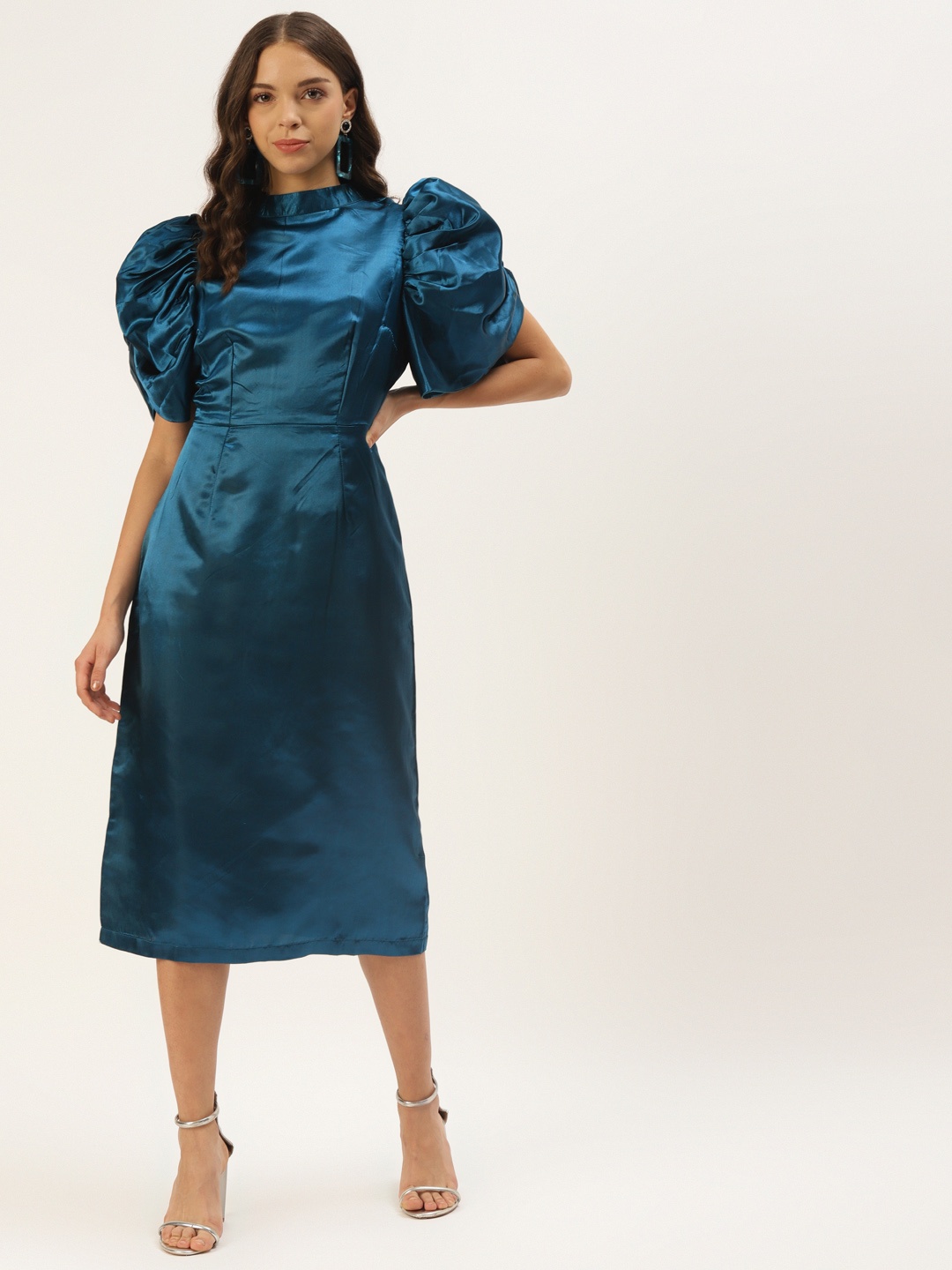

Zastraa Women Teal Blue Solid Sheath Satin Dress With Puff Sleeves
