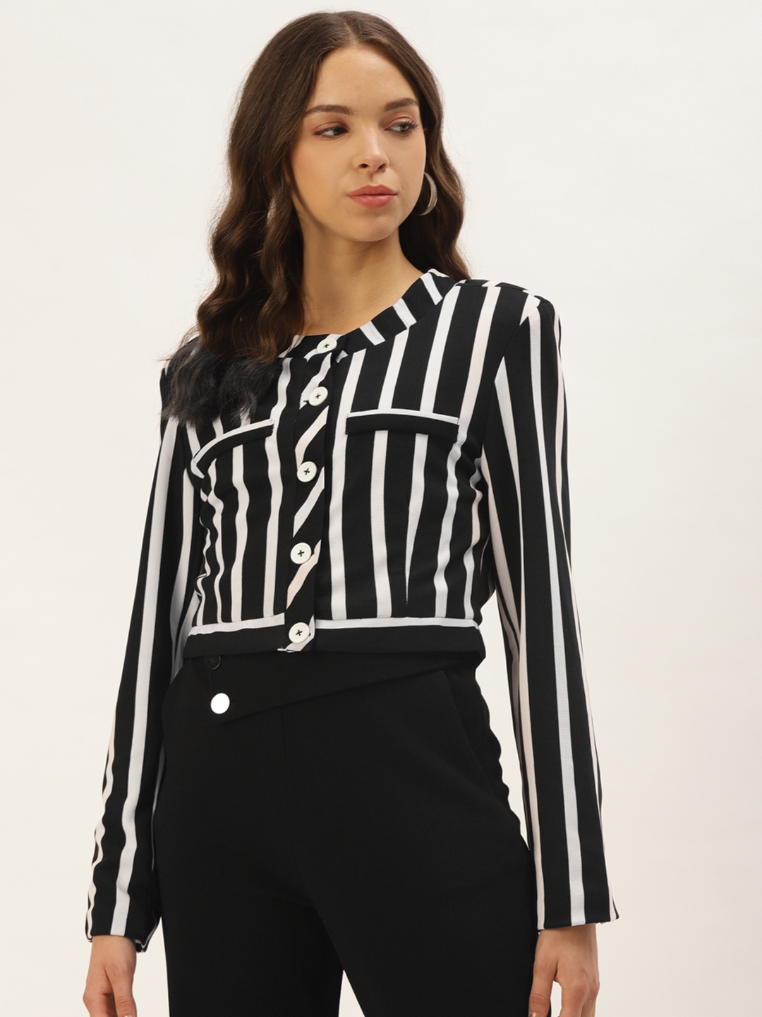 

Zastraa Women Black White Striped Lightweight Crop Open Front Jacket