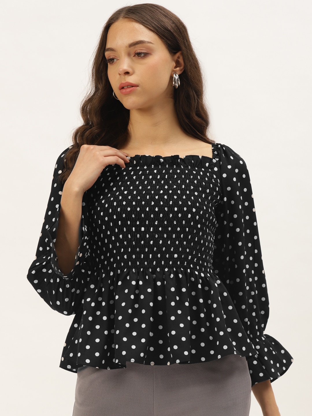 

Zastraa Black & White Polka Dot Printed Smocked Crepe Peplum Top