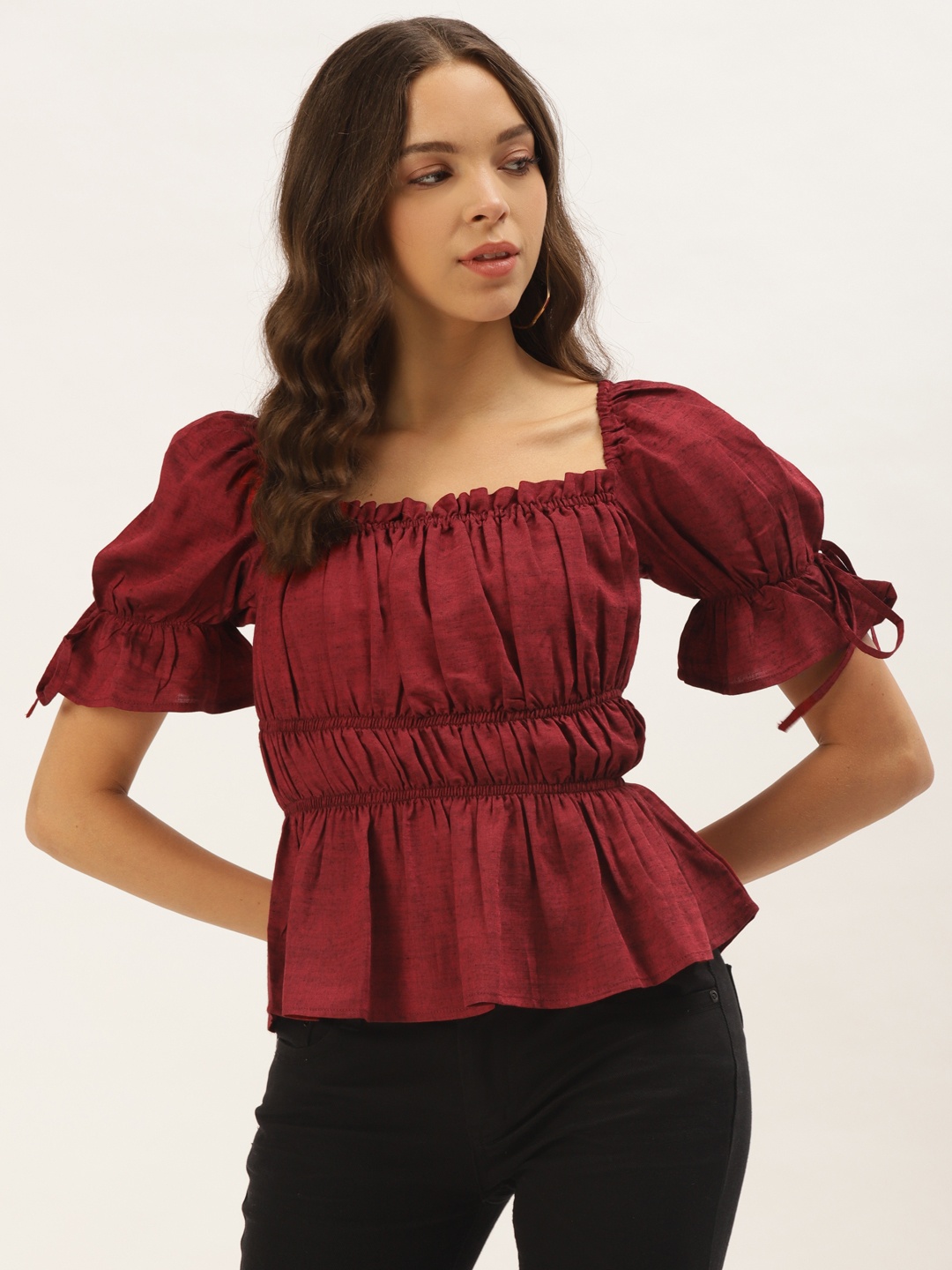

Zastraa Women Red Solid Square-Neck Cinched Waist Top