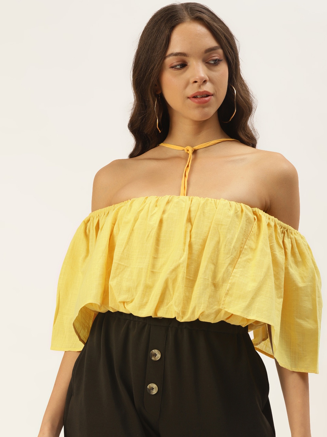 

Zastraa Women Yellow Tie-Up Neck Layered Blouson Crop Top