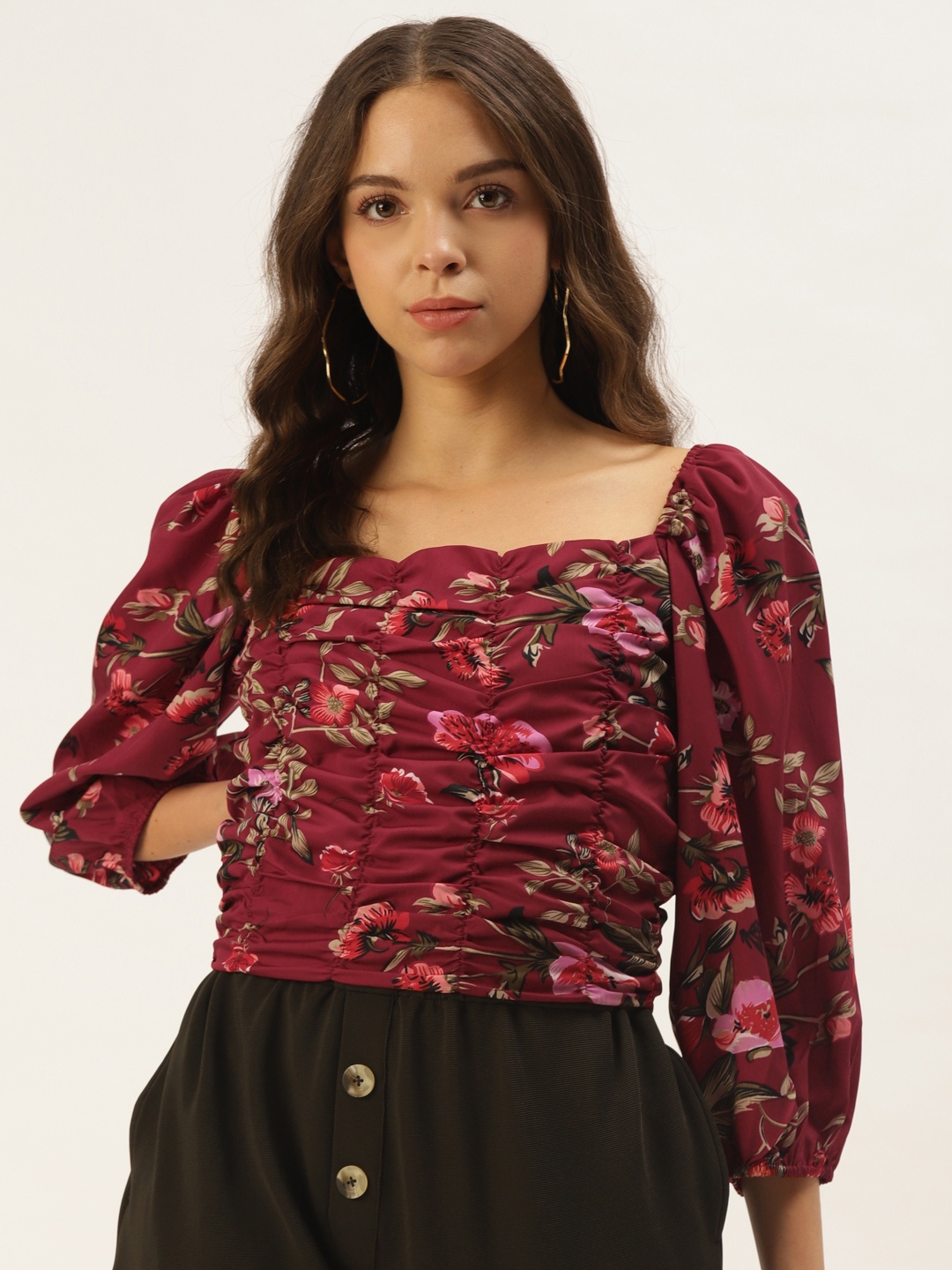 

Zastraa Women Maroon Floral Crepe Regular Crop Top