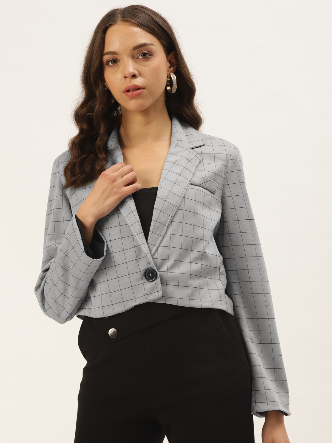 

Zastraa Women Grey Checked Lapel Collar Cropped Blazer