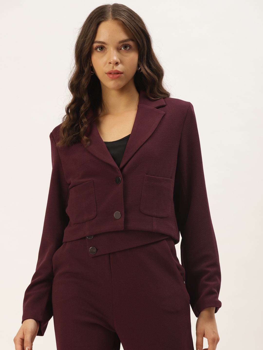 

Zastraa Women Maroon Solid Lapel Collar Cropped Blazer, Burgundy