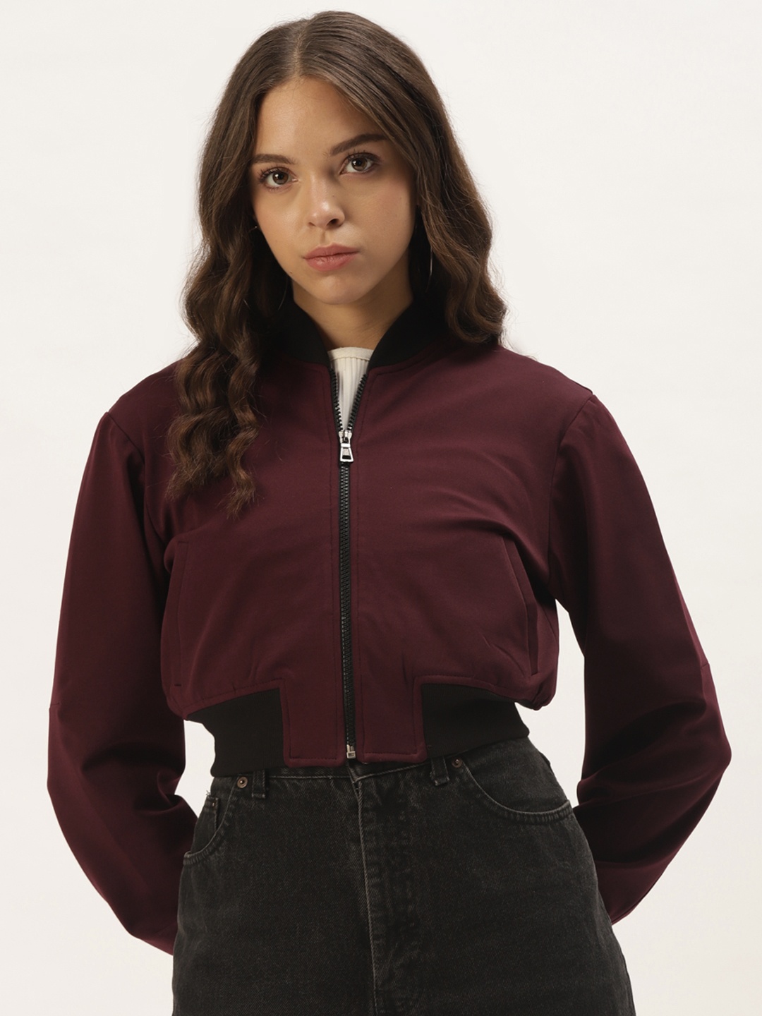 

Zastraa Women Burgundy Lightweight Crop Bomber Jacket